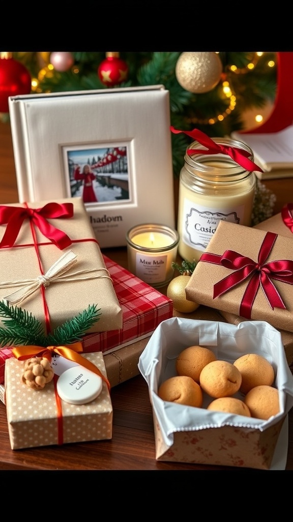 A collection of homemade Christmas gifts including a photo album, candles, and baked goods on a festive table.